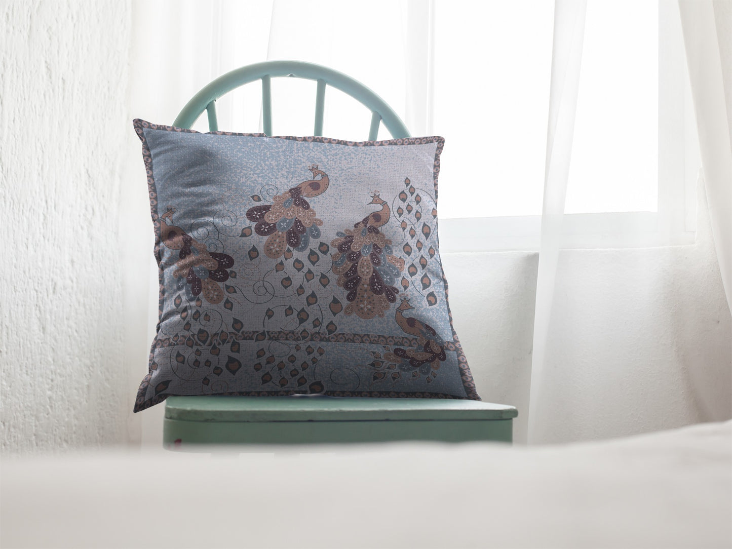 18” Blue Brown Boho Bird Suede Throw Pillow