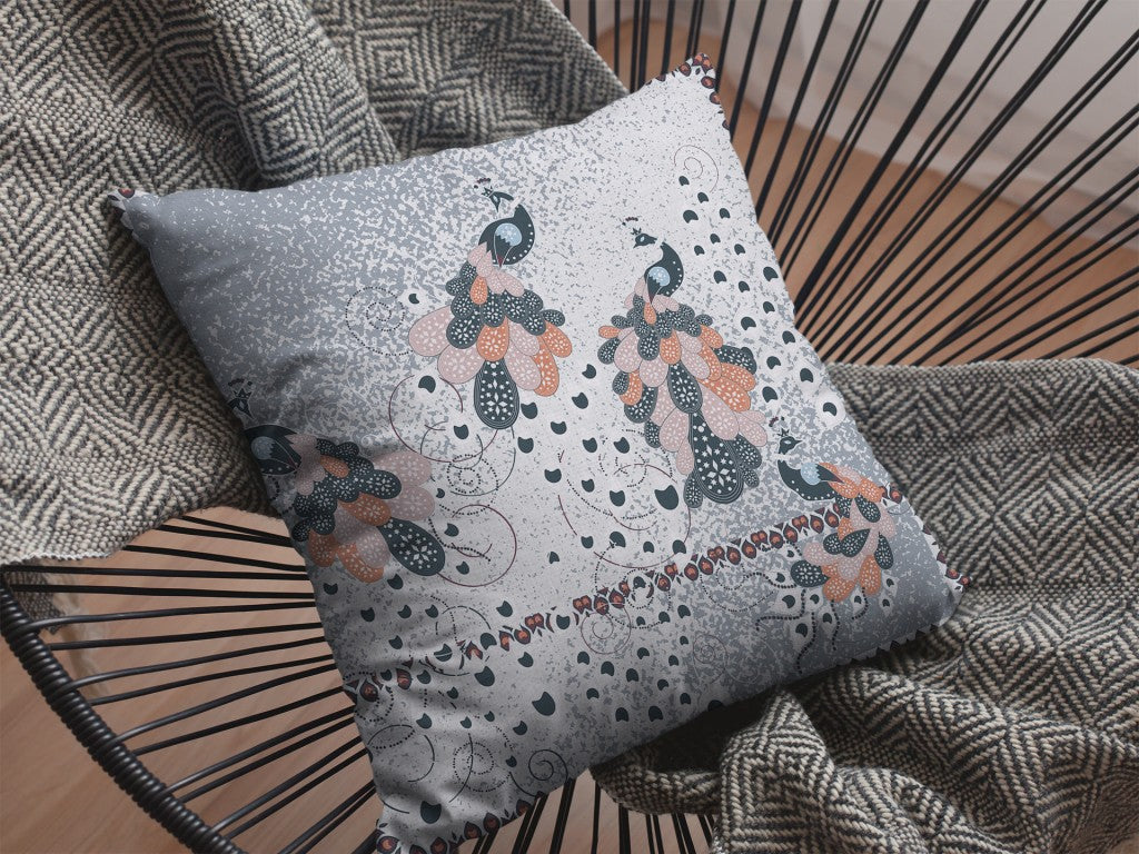 18” Gray Black Boho Bird Suede Throw Pillow