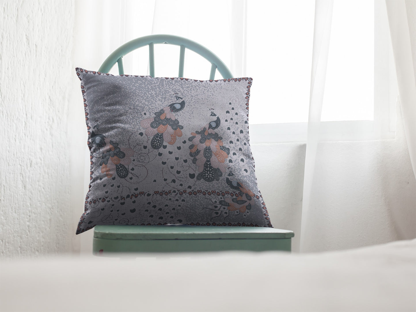 18” Gray Black Boho Bird Suede Throw Pillow