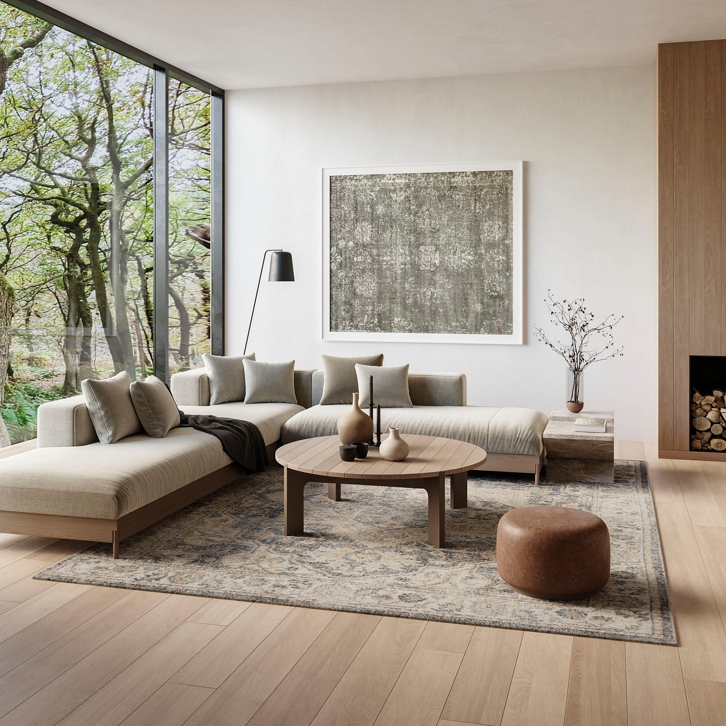 Vintage beige rug, 9' x 12', in a bright living room.