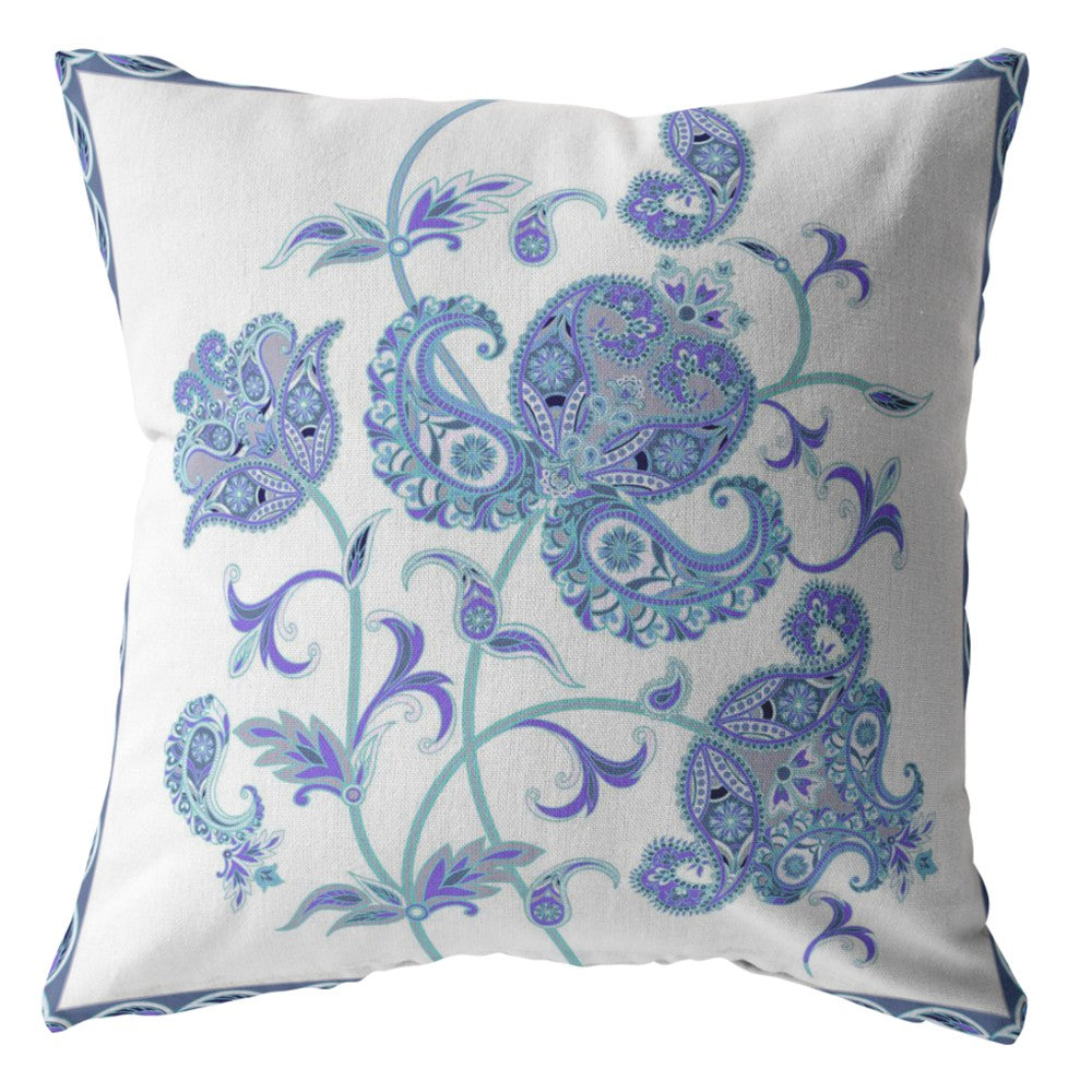 16” Blue White Wildflower Suede Throw Pillow