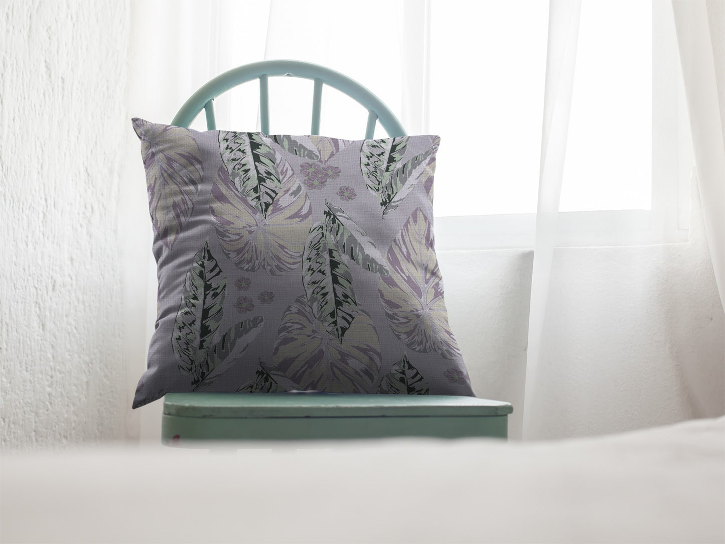 16” Blue Purple Tropical Leaf Suede Throw Pillow
