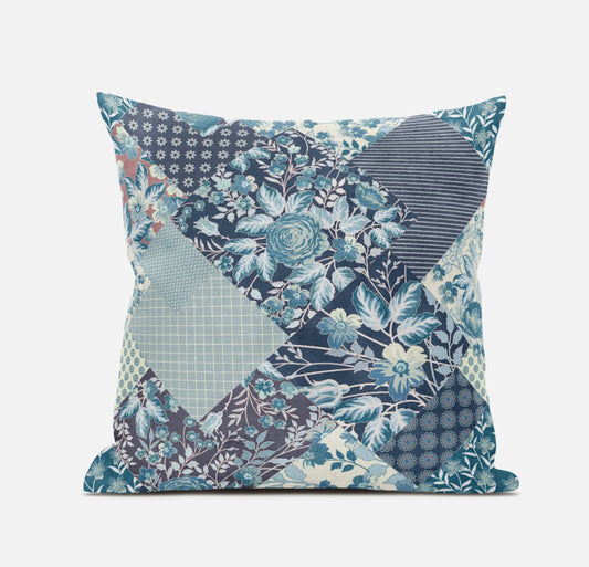 16" Blue White Floral Zippered Suede Throw Pillow