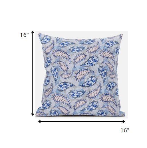 16” Blue Gray Boho Paisley Zippered Suede Throw Pillow