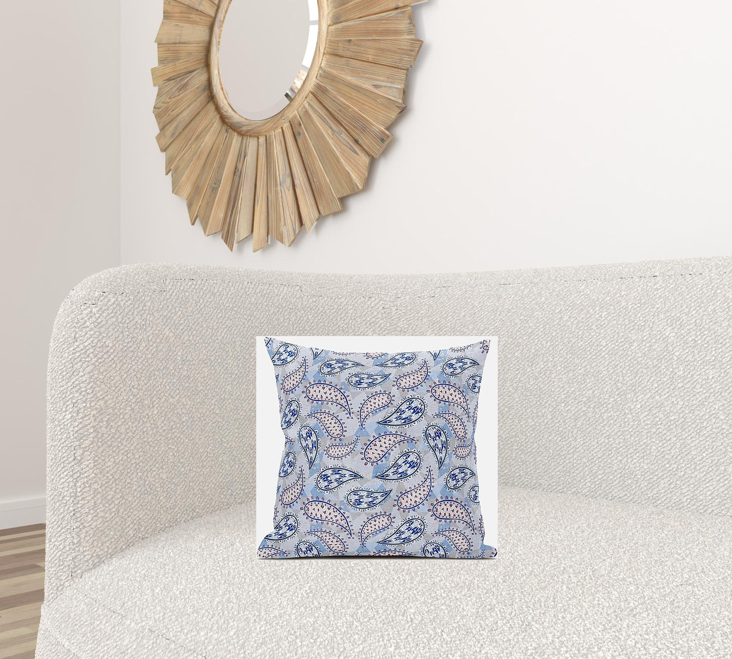 16” Blue Gray Boho Paisley Zippered Suede Throw Pillow