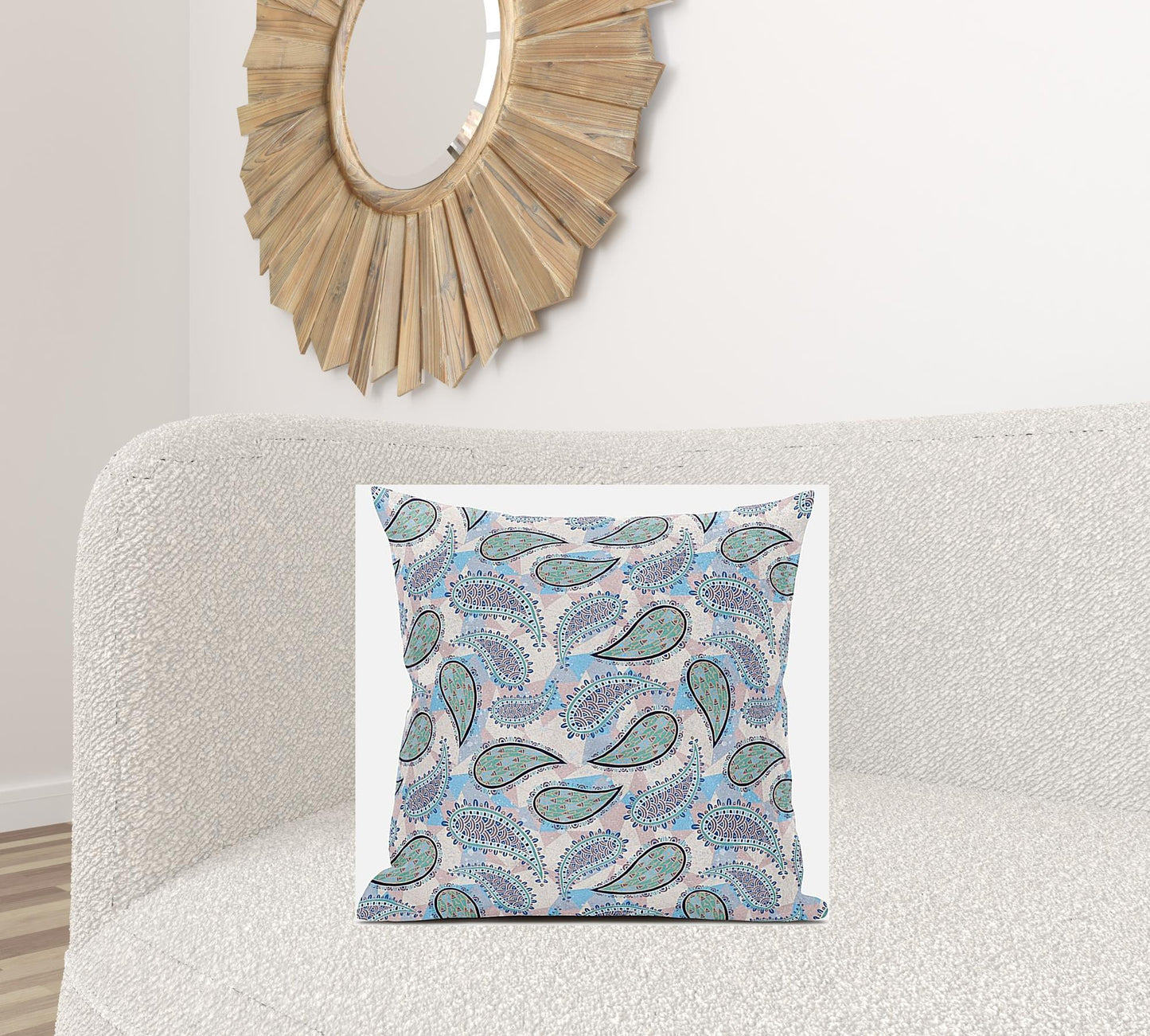 18” Blue Green Boho Paisley Zippered Suede Throw Pillow