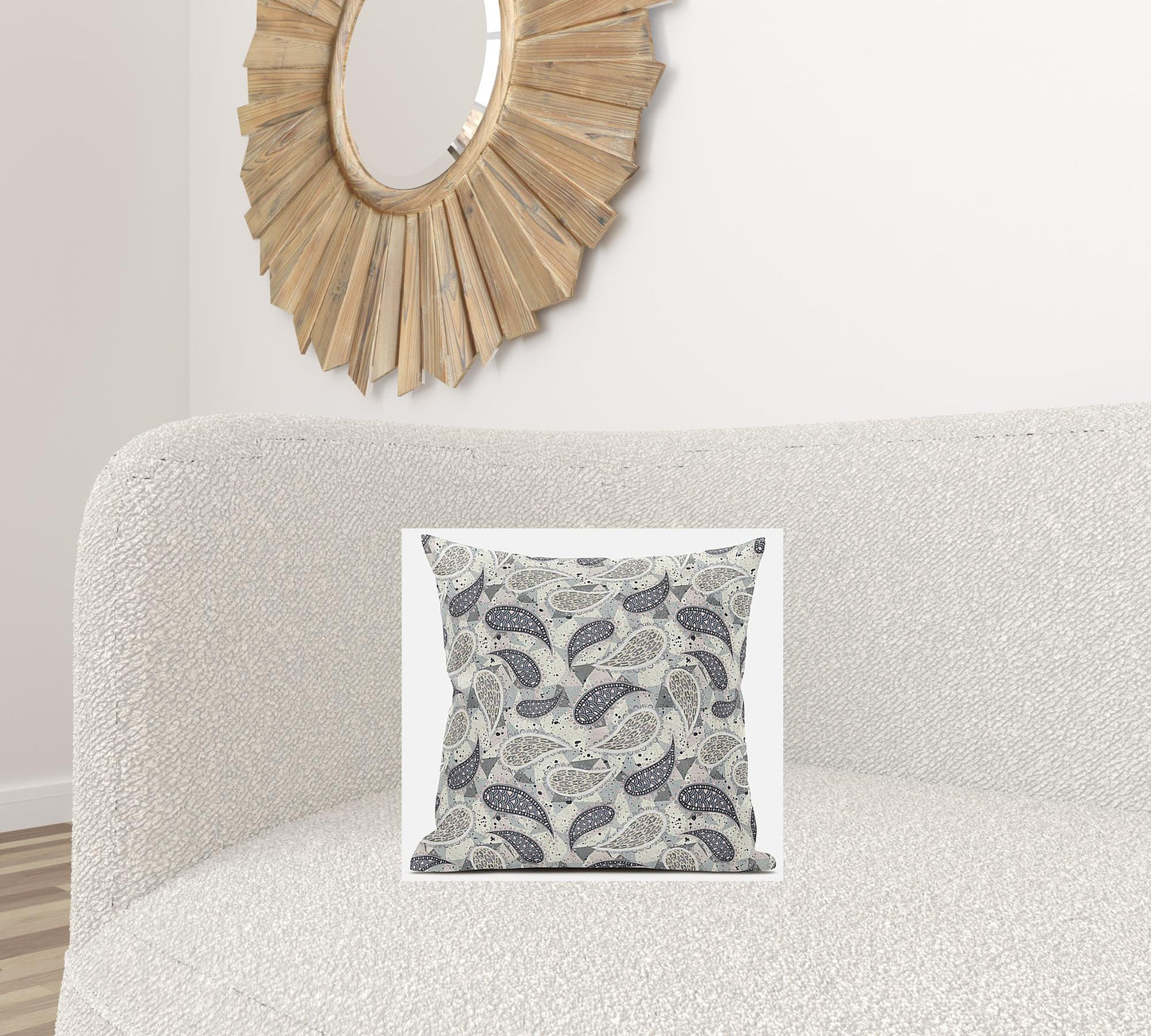 16” Gray Cream Boho Paisley Zippered Suede Throw Pillow