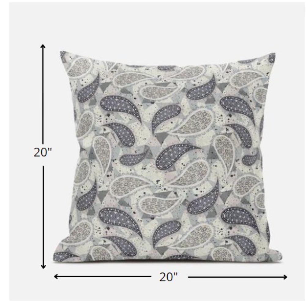 18” Gray Cream Boho Paisley Zippered Suede Throw Pillow