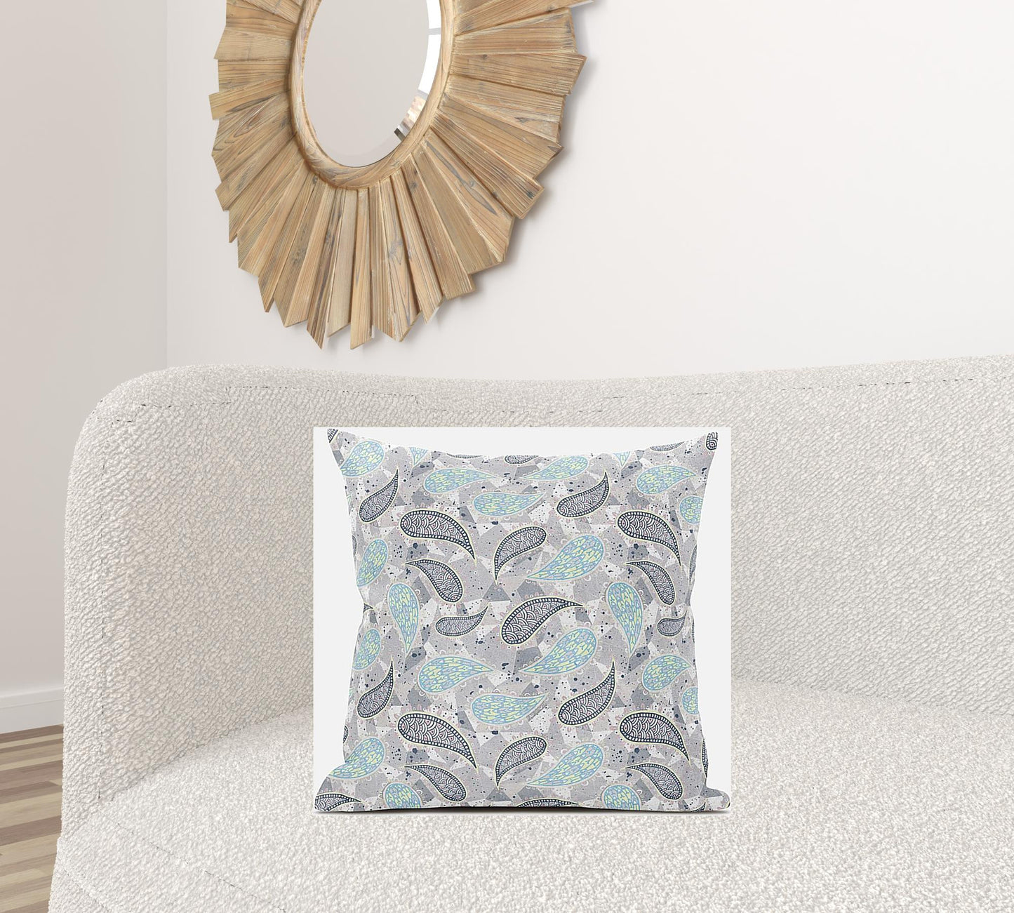 18” Gray Turquoise Boho Paisley Zippered Suede Throw Pillow