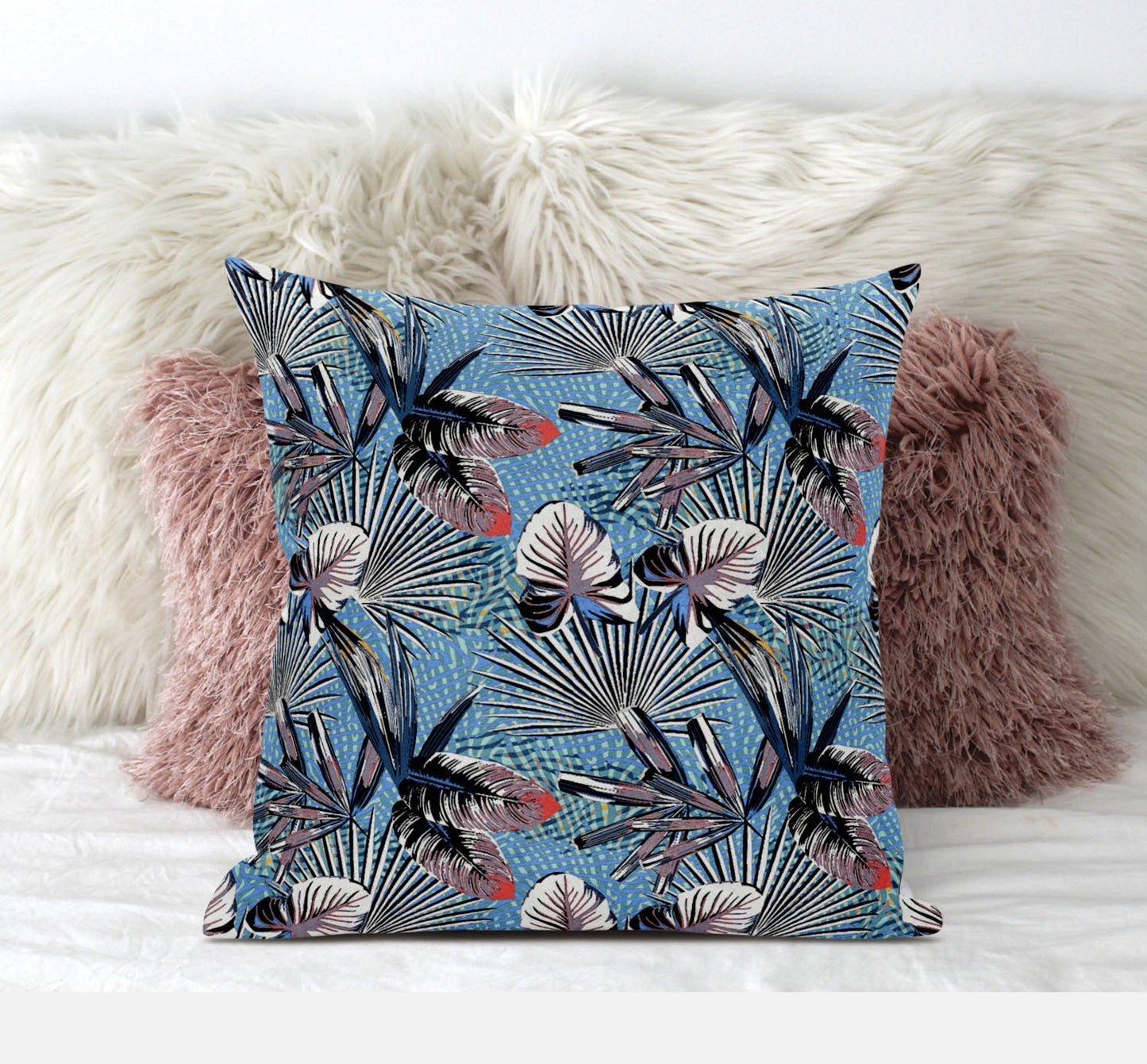 16” Black Blue Tropical Zippered Suede Throw Pillow