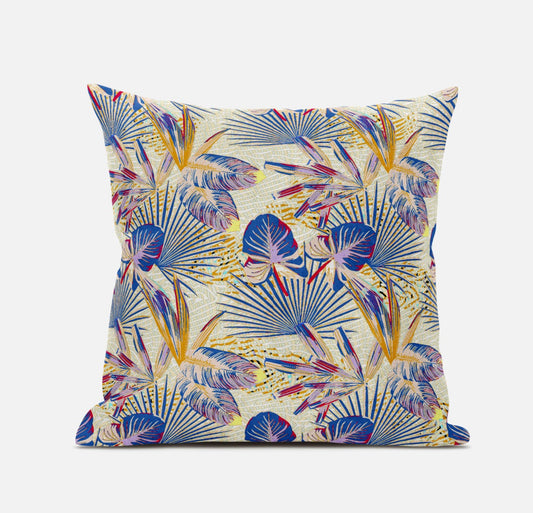 16” Blue Cream Tropical Zippered Suede Throw Pillow