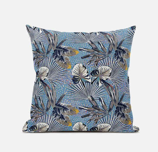 16” Gray Blue Tropical Zippered Suede Throw Pillow