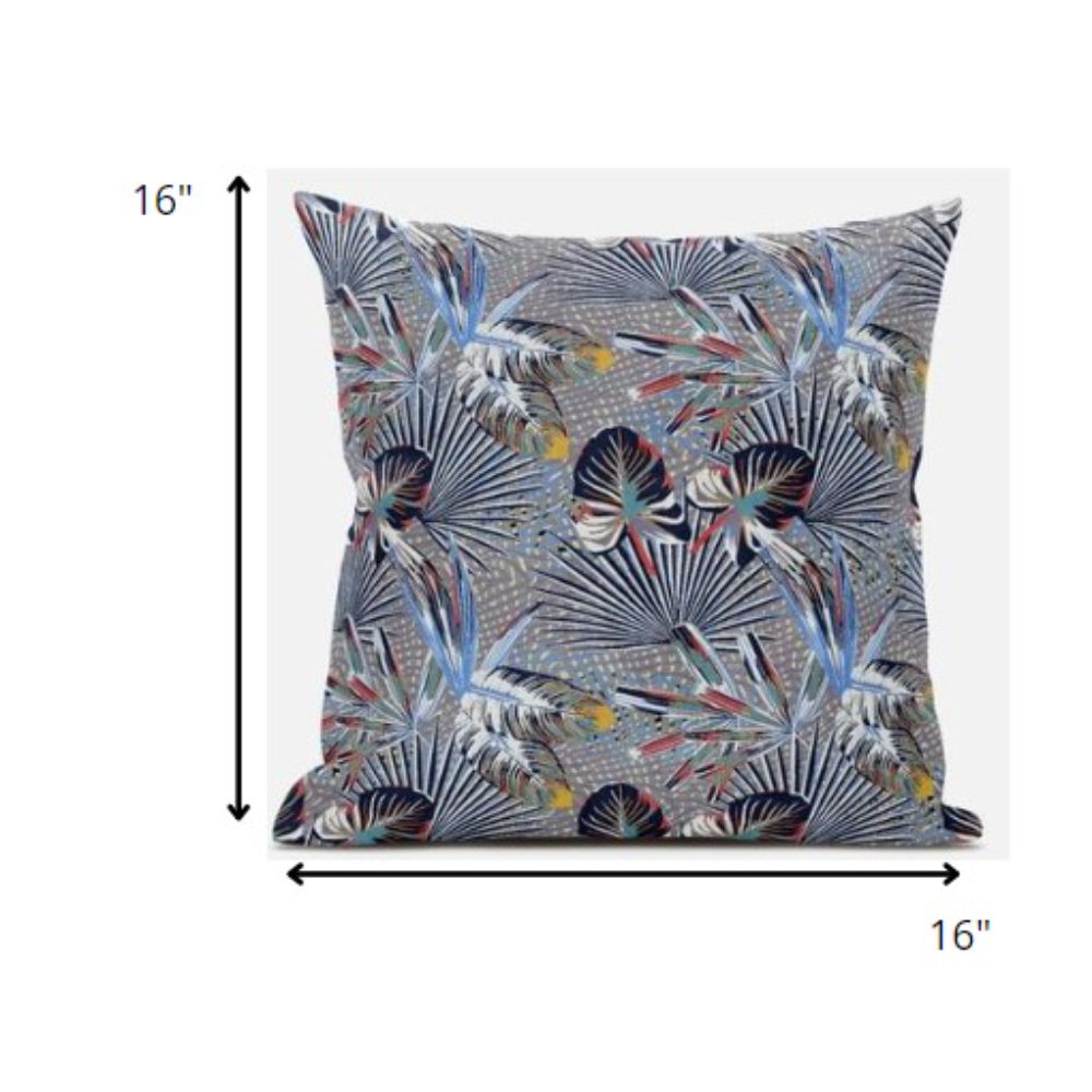 16” Indigo Gray Tropical Zippered Suede Throw Pillow