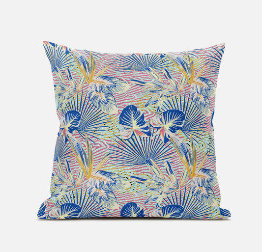 16” Blue Pink Tropical Zippered Suede Throw Pillow