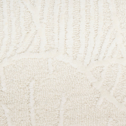 Cream-toned textured rug with geometric pattern, loop-pile weave, soft beige for modern living spaces.