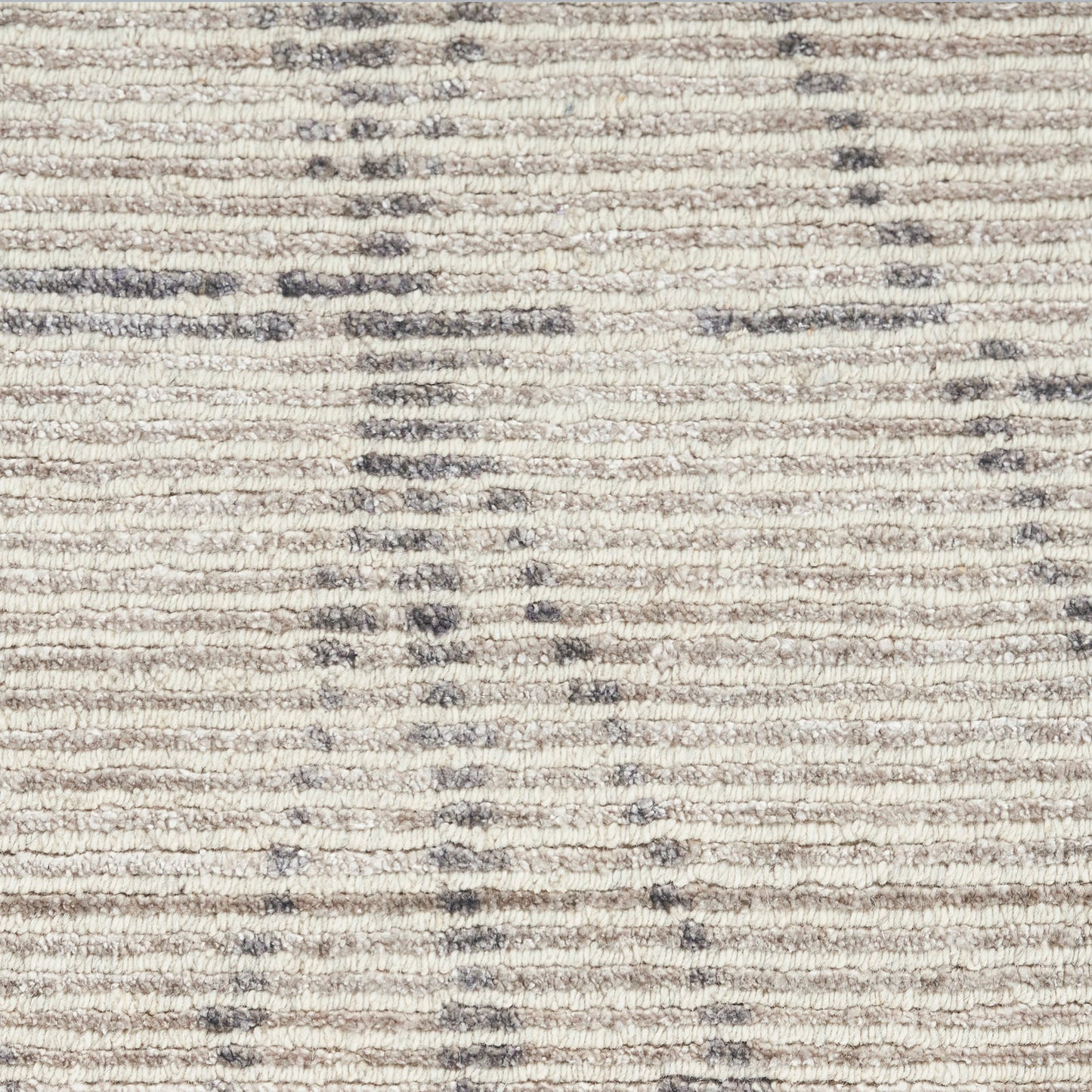 Beige and gray striped rug with textured looped pile and soft neutral tones.