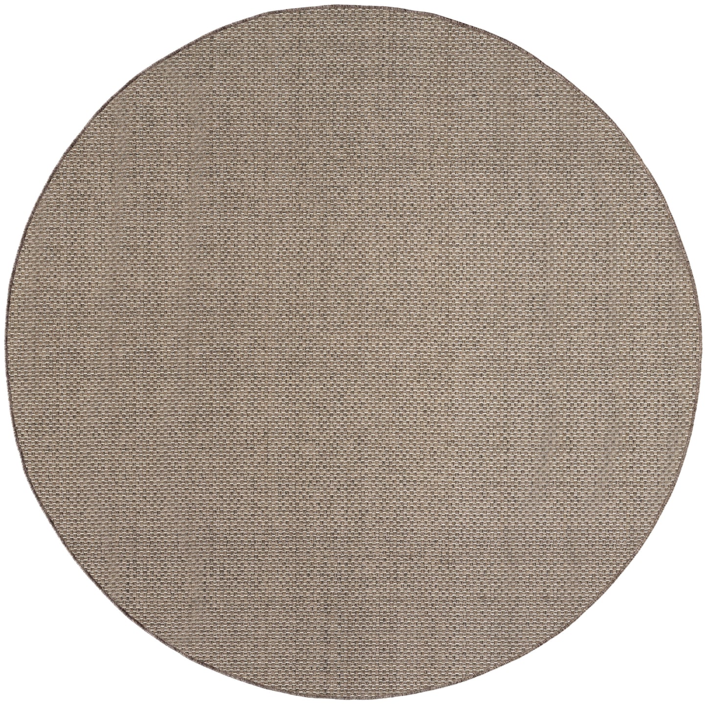 Round natural jute rug with a tight weave in warm beige for outdoor use.