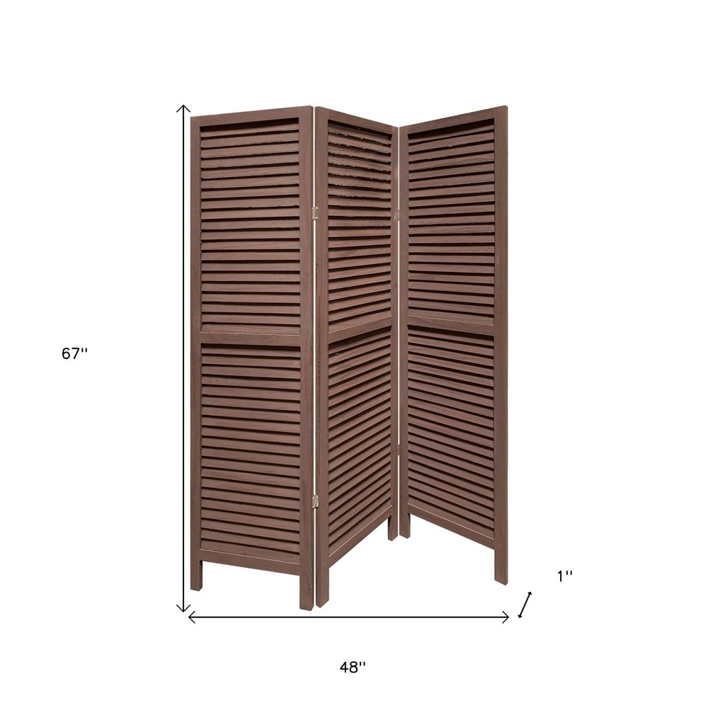 67" Brown Solid Wood Folding Three Panel Screen Room Divider