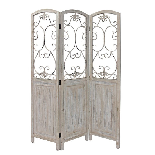 68" Beige Metal And Wood Folding Three Panel Screen Room Divider