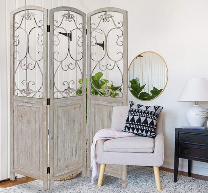 68" Beige Metal And Wood Folding Three Panel Screen Room Divider
