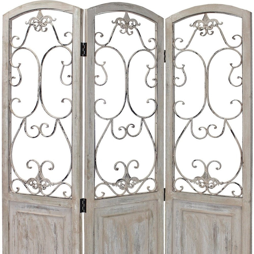 Romantic Whitewashed Scroll Three Panel Room Divider Screen