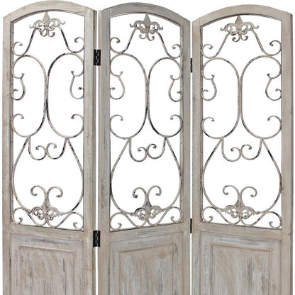 68" Beige Metal And Wood Folding Three Panel Screen Room Divider