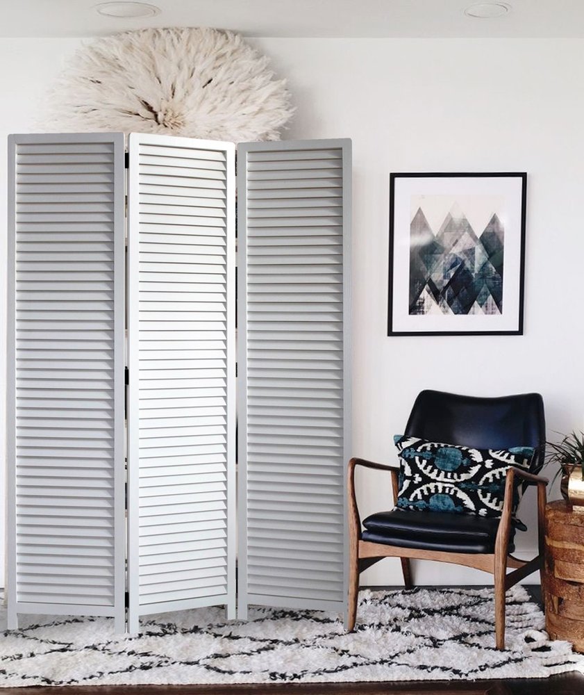 67" White Solid Wood Folding Three Panel Screen Room Divider