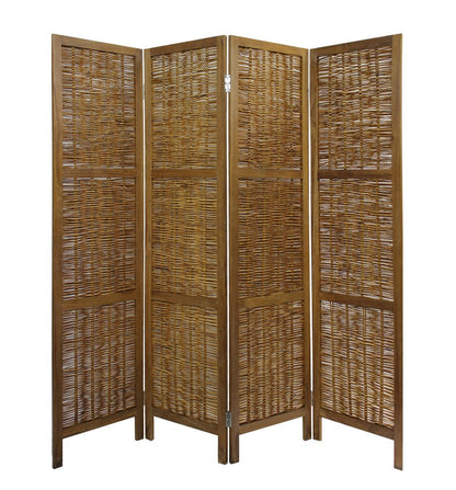 Four-panel folding screen with woven wicker panels in natural brown wood frame; rustic privacy divider.