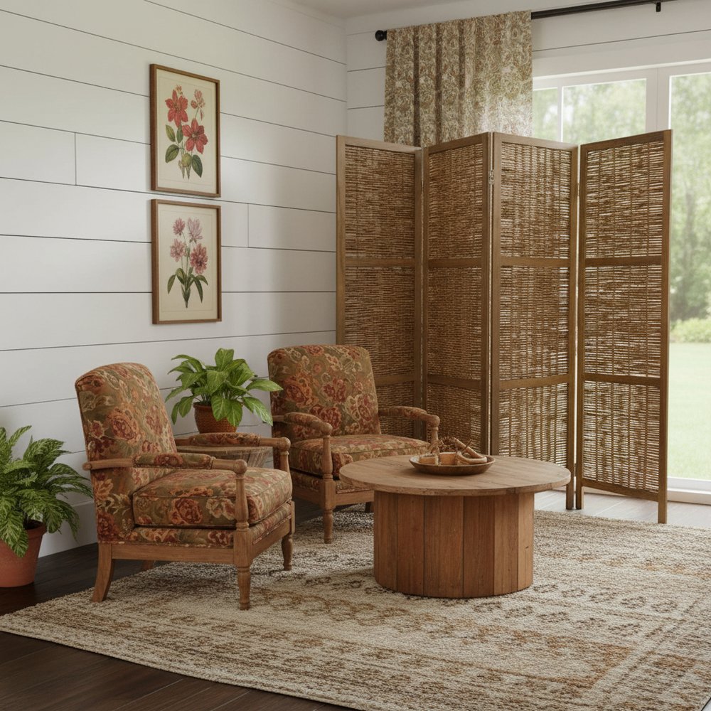 Cozy seating area with two floral upholstered armchairs, round coffee table, wicker divider, plants, and a rug.