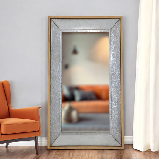 84" Gray Brown Metal and Wood Framed Leaning Accent Mirror