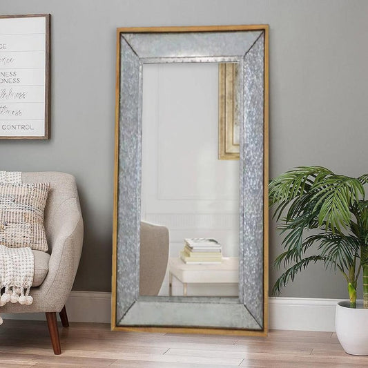 84" Gray Brown Metal and Wood Framed Leaning Accent Mirror