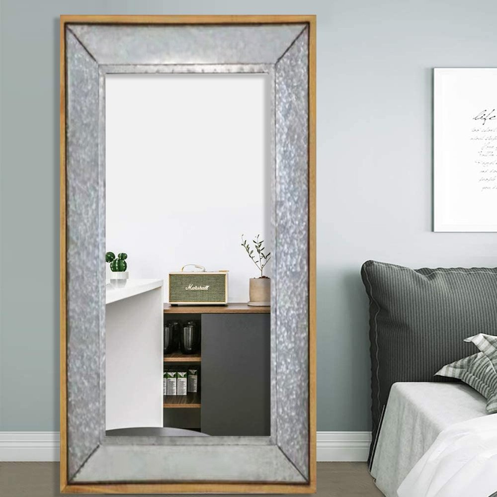 84" Gray Brown Metal and Wood Framed Leaning Accent Mirror