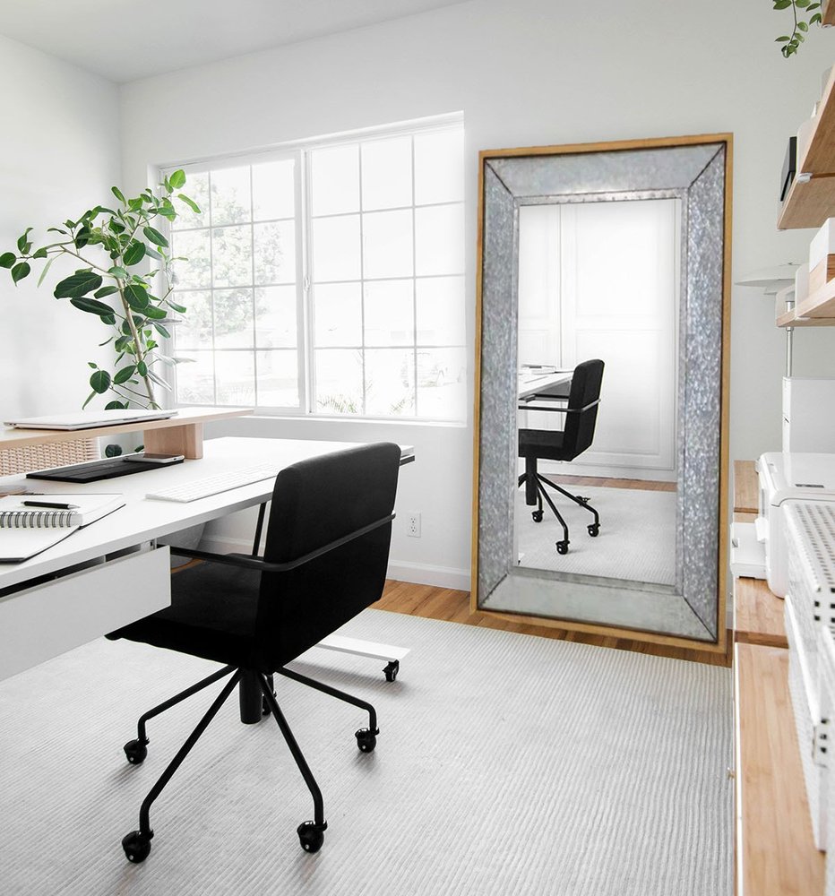 84" Gray Brown Metal and Wood Framed Leaning Accent Mirror