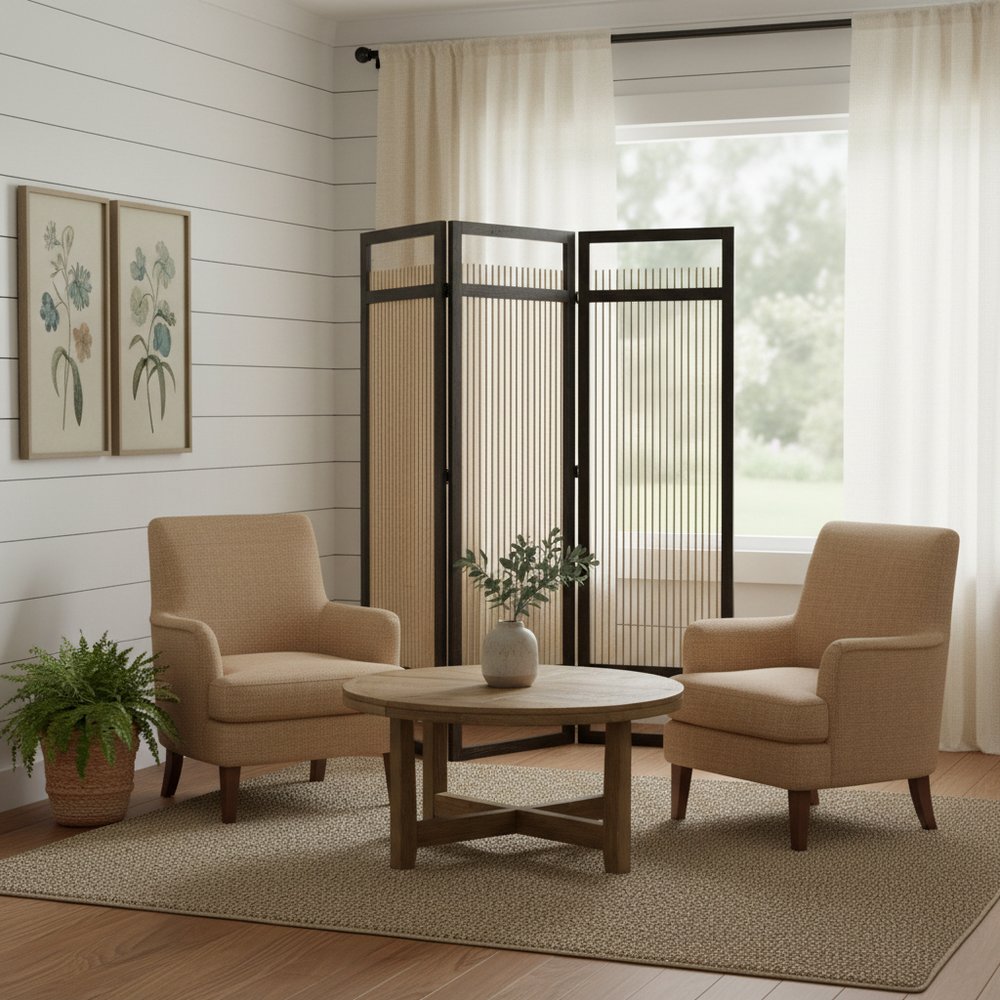 Light and Dark Rattan Three Panel Room Divider Screen