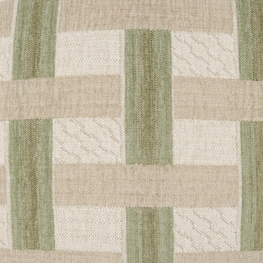 Geometric woven fabric in cream, tan and sage green with interlocking rectangular blocks and textured surface.