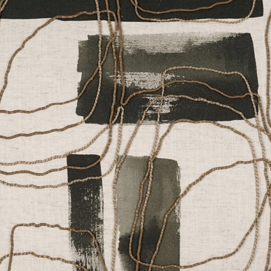 Beige linen textile with black abstract brushstrokes & tangled brown cord accents; modern wall hanging or throw.
