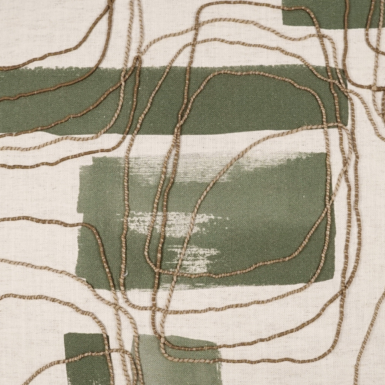 Abstract textile pattern with olive green rectangles on beige background and tangled brown cord embroidery.