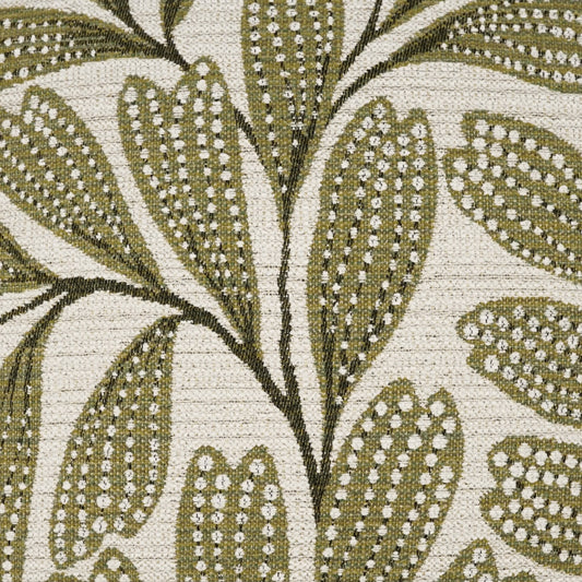 Olive green cactus-like leaf pattern on cream-beige woven fabric with white dot accents; upholstery textile.