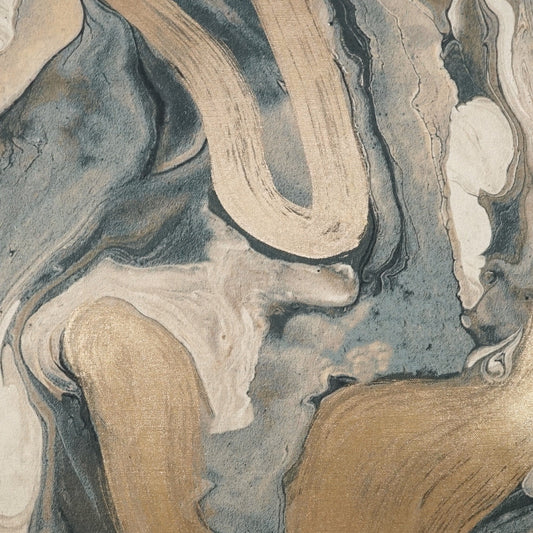 Abstract marbled fabric print in blue-gray, beige and cream tones with flowing swirl patterns; textile decor.