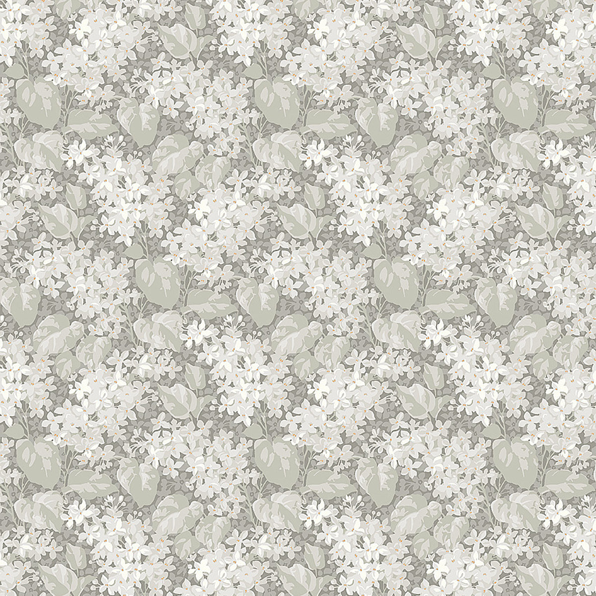 Soft grey floral wallpaper pattern with ivory blossoms and pale leaves in a seamless repeating layout.