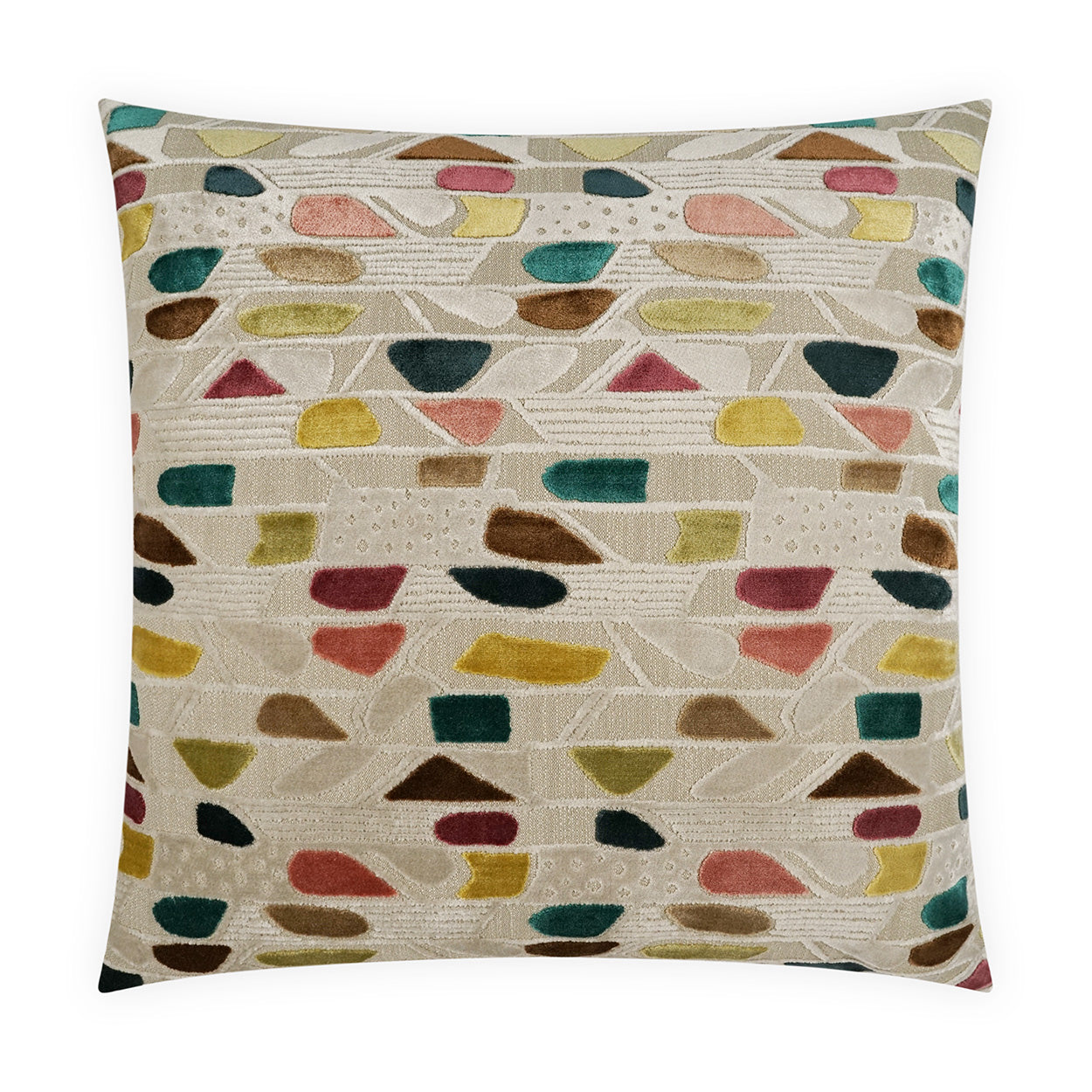 Decorative square throw pillow with cream base and multicolor abstract teardrop motifs in teal, pink, yellow, green and brown