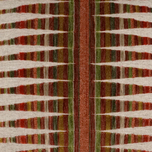 Geometric woven rug with cream background, red, green and brown stripes and a rust vertical central band.