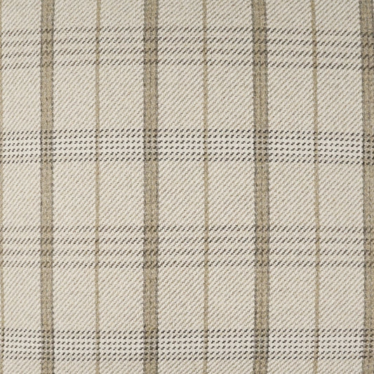 Beige plaid fabric with brown vertical and horizontal stripes, woven textile.