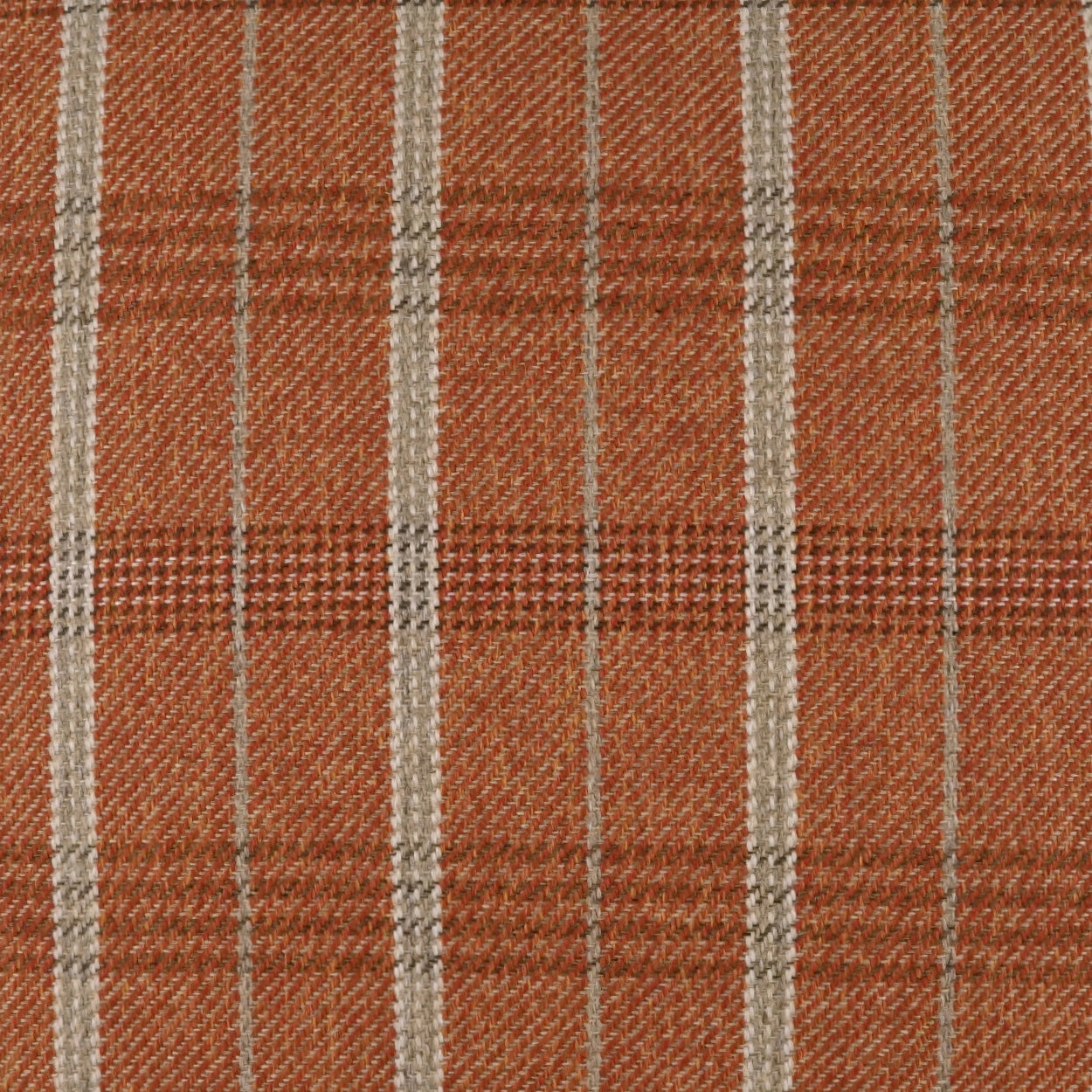Rust orange plaid fabric with white and brown stripes; wool-like tweed weave.