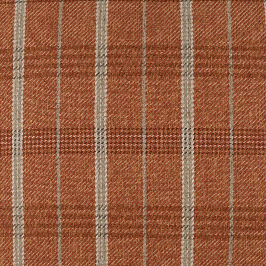Rust orange plaid fabric with white and brown stripes; wool-like tweed weave.