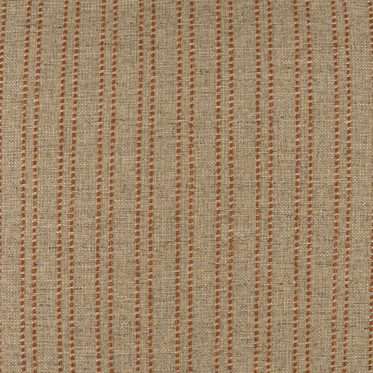 Beige linen-like woven fabric with narrow orange dotted vertical stripes, rustic upholstery & drapery material.