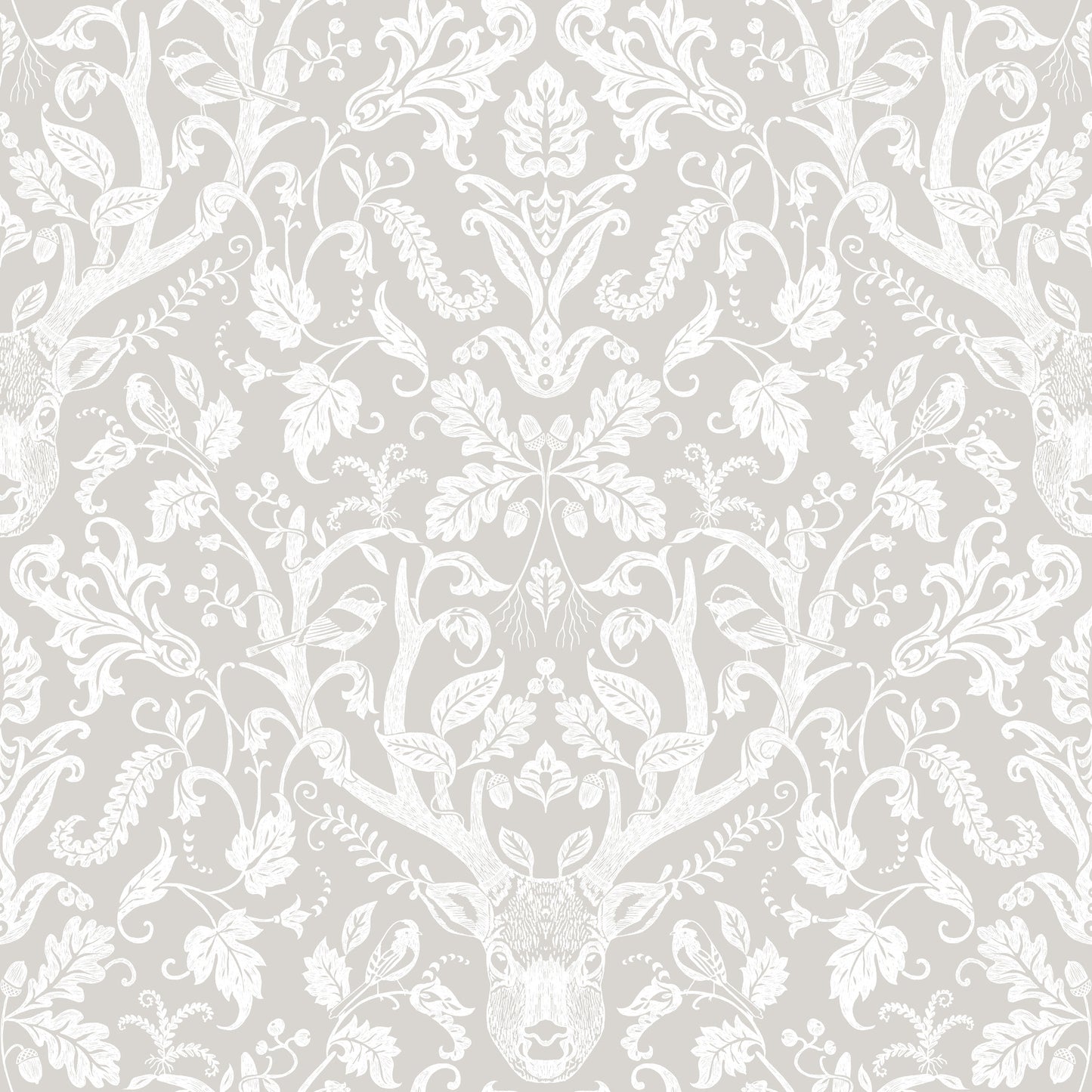 Grey antler damask wallpaper with stag head motif and ornate damask pattern for a lodge-style, classic look.