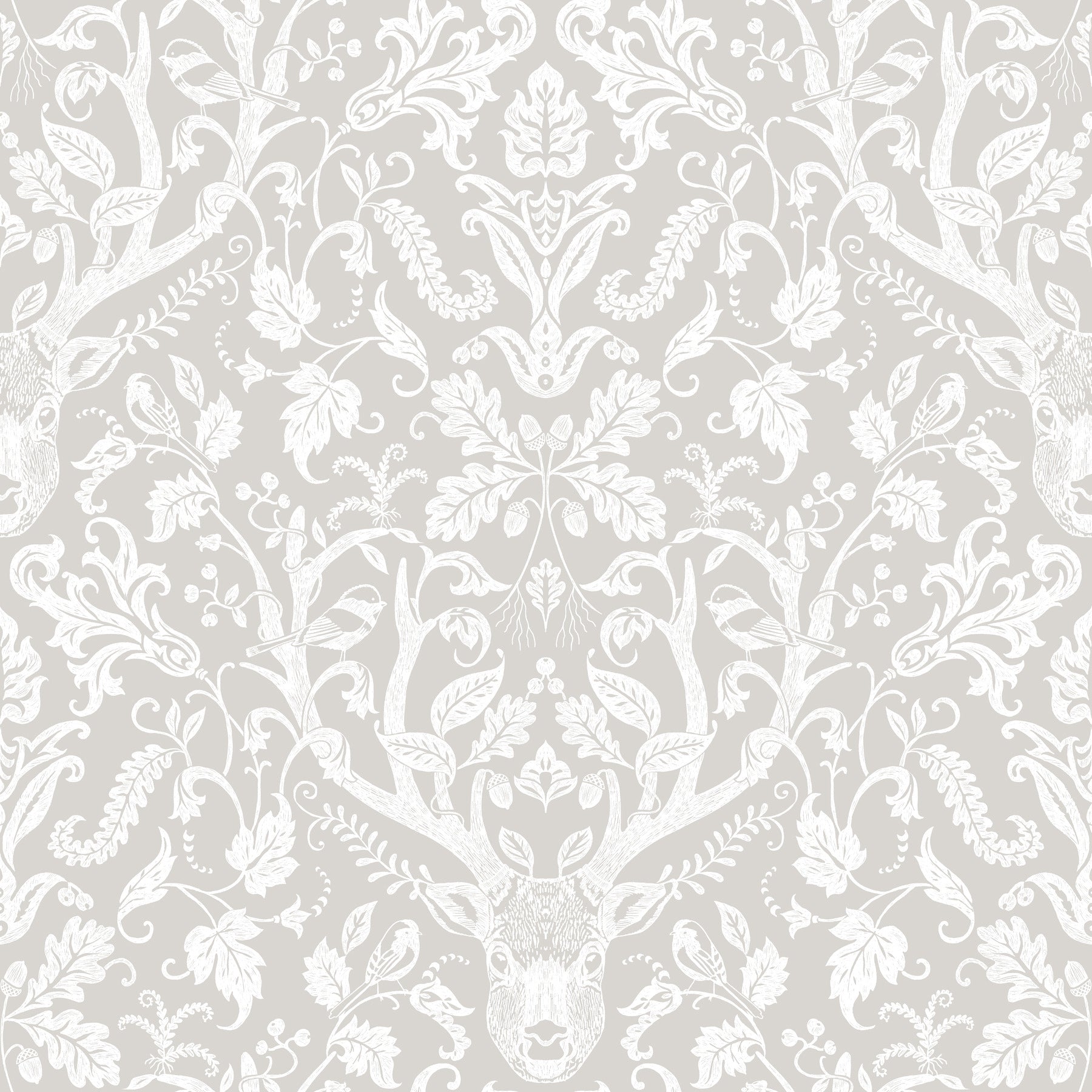 Grey antler damask wallpaper with stag head motif and ornate damask pattern for a lodge-style, classic look.