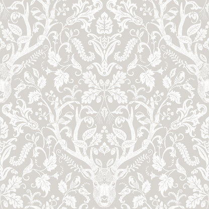 Grey antler damask wallpaper with stag head motif and ornate damask pattern for a lodge-style, classic look.