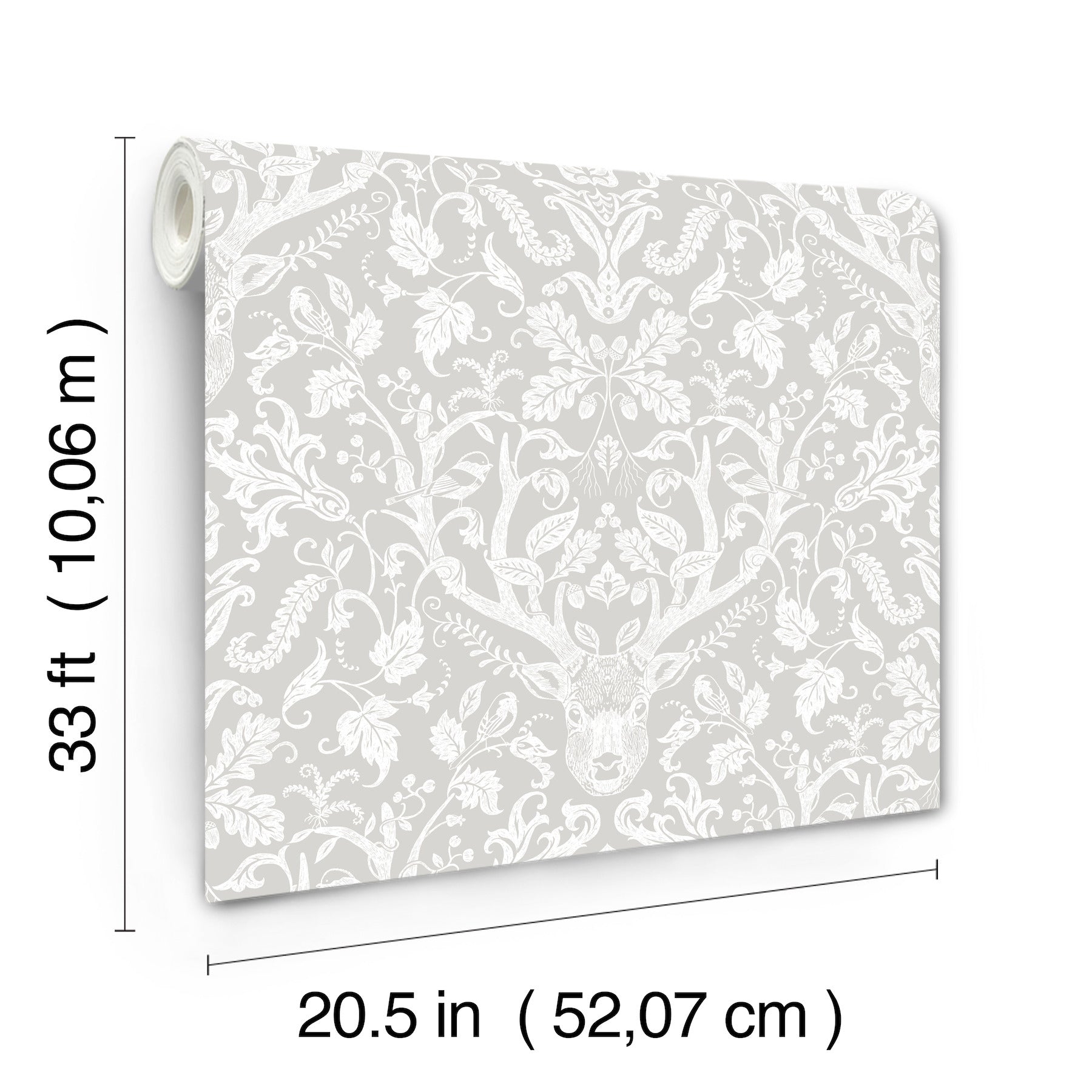 Gray wallpaper roll with white antler damask pattern; 20.5 in x 33 ft.